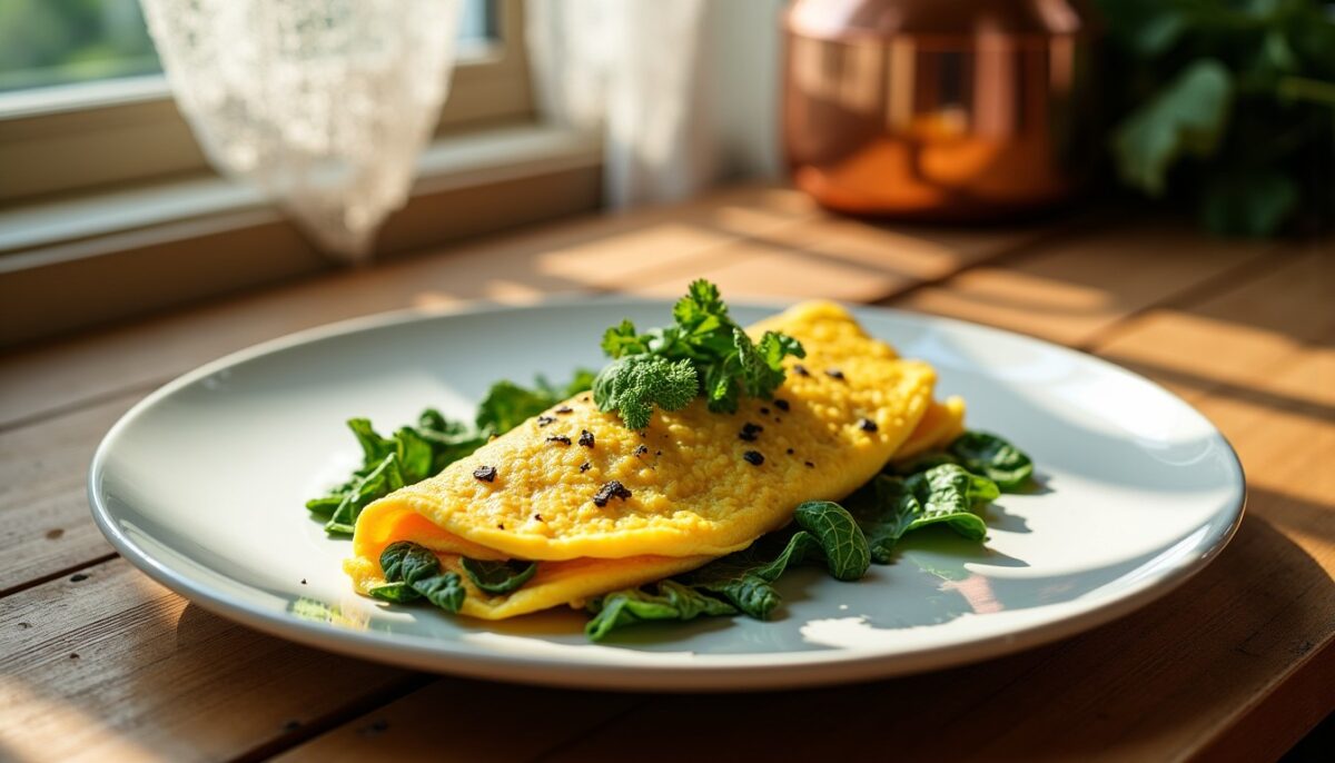 Omelette gourmande accompagnée de blettes à la crème onctueuse