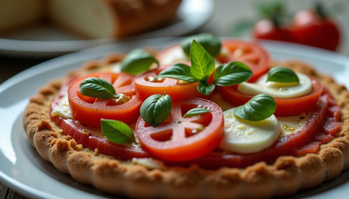 Délice croquant : salade de noix accompagnée d'une tartine gourmande à la tomate et mozzarella