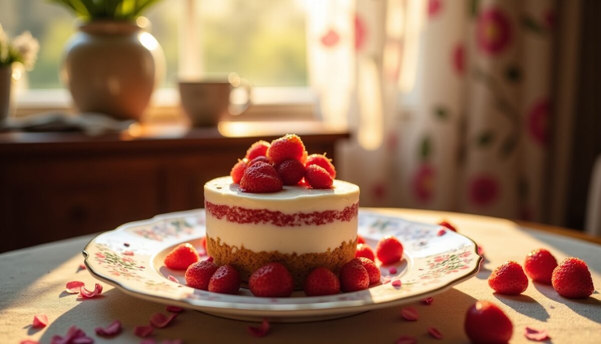 Délice printanier : Entremets aux fraises fraîches et essence de rose