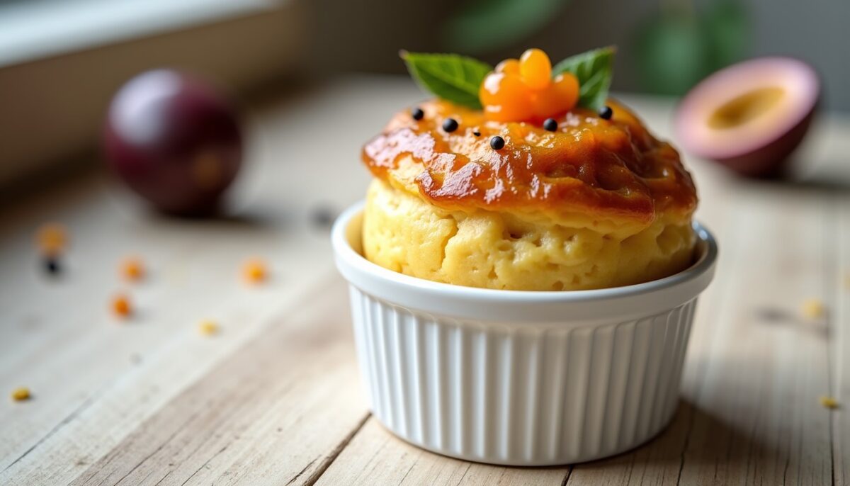 Délice aérien : soufflé exquis aux éclats de fruits de la passion