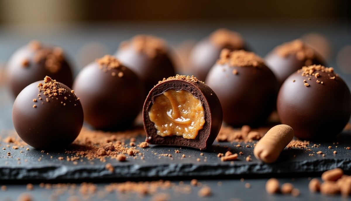 Délices exquis : truffes fondantes au praliné, chocolat intense et touche de cannelle