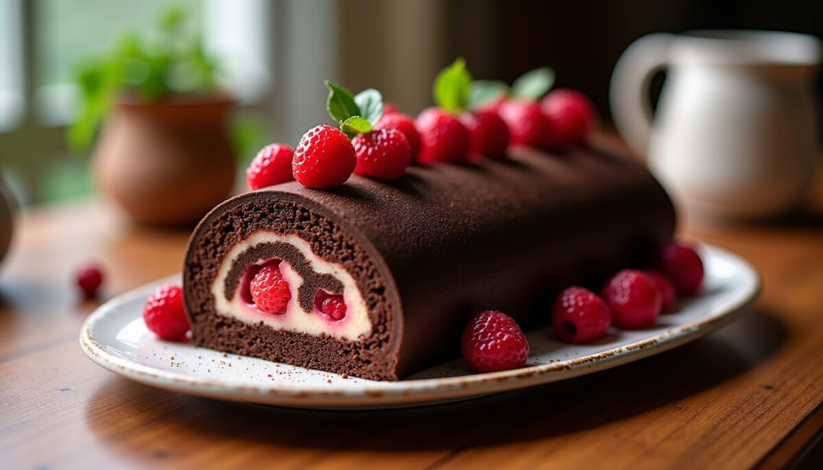 Délice gourmand : Bûche aux fruits rouges enrobée d'un croustillant chocolaté