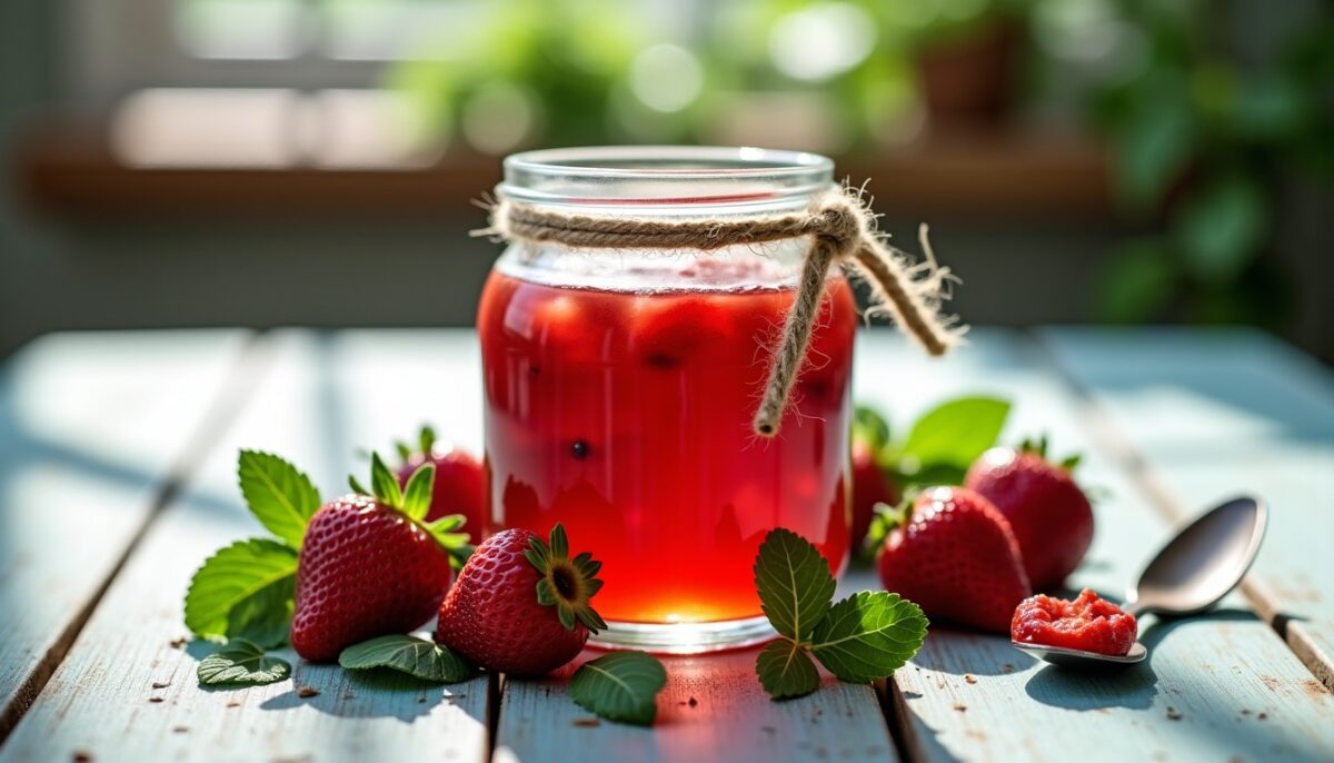 Délicieuse confiture maison de fraises fraîches et menthe parfumée