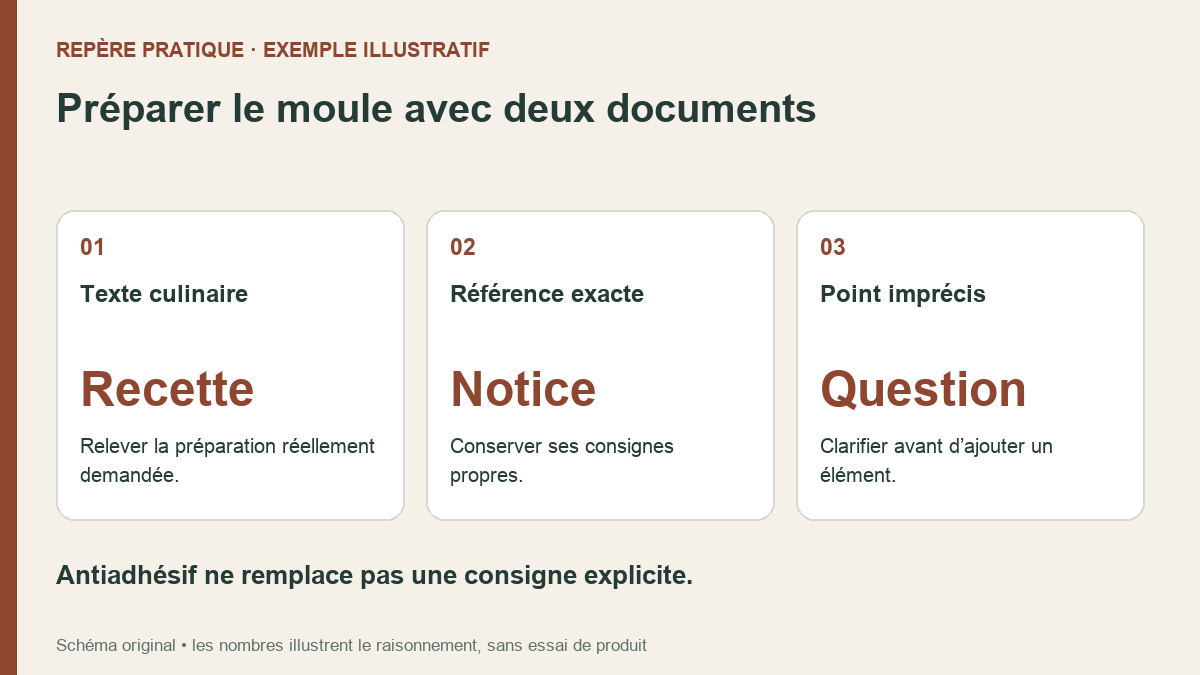 Trois cartes pour rapprocher la recette, la notice du moule et les questions à clarifier.