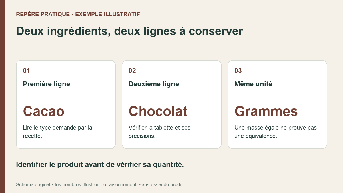 Schéma original séparant cacao et chocolat : ils peuvent être pesés en grammes sans devenir des ingrédients équivalents.